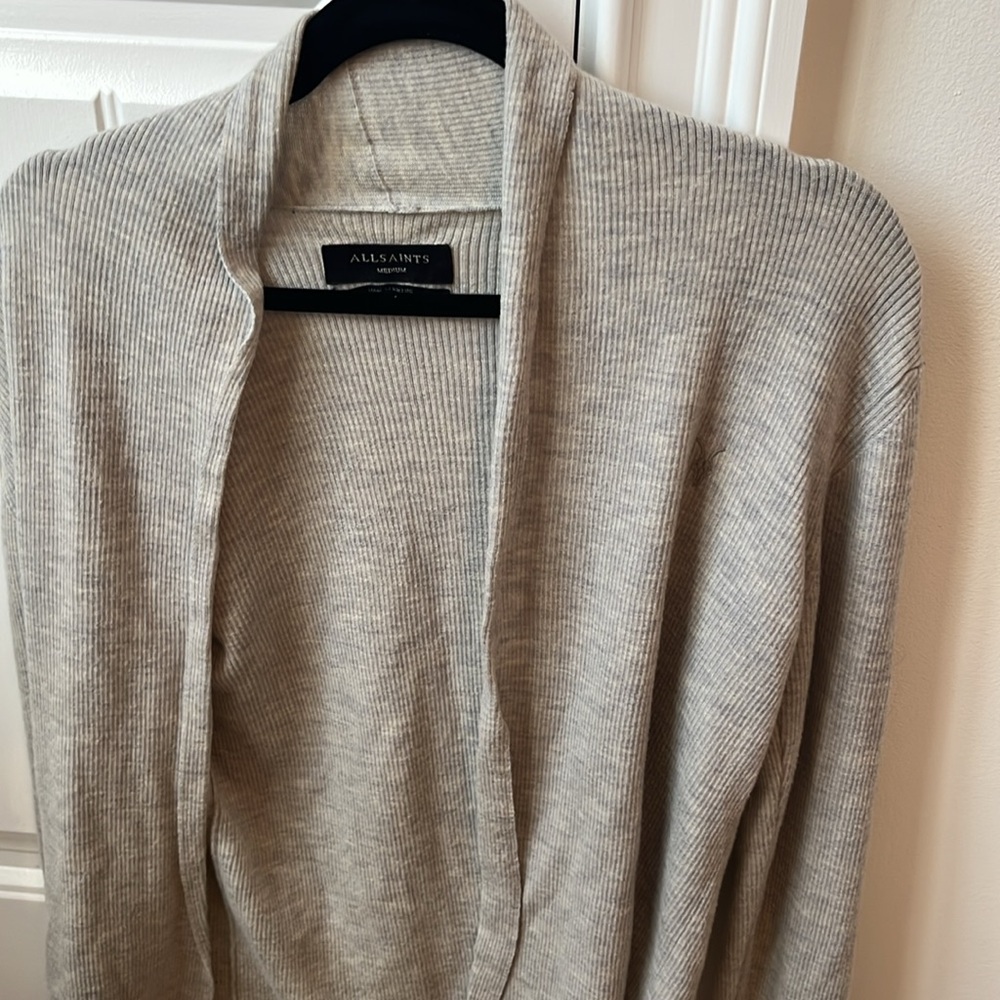 All Saints Gray Cardigan Sweater Lightweight Knit
